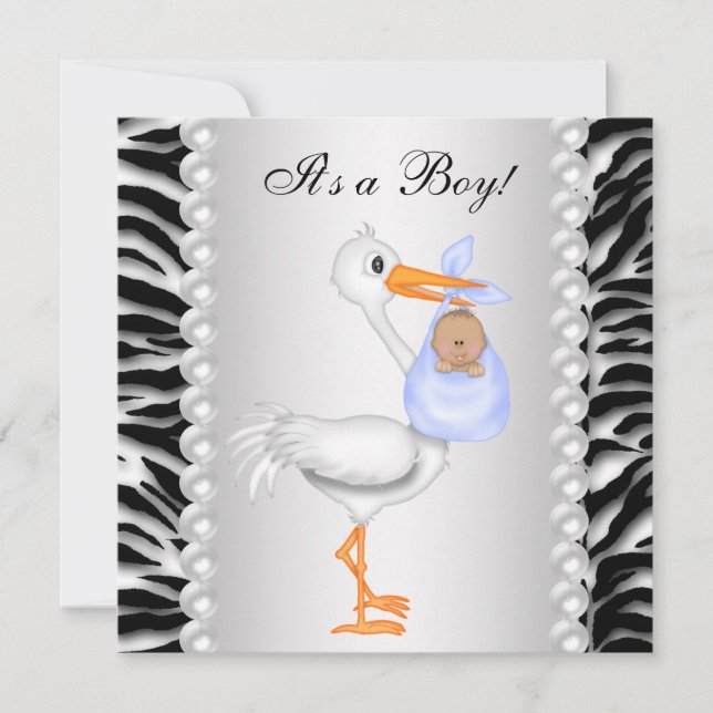 Blue Stork Zebra Baby Boy Shower Invitation (Front)