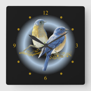 Blue & Straw Birds ~ Gold Musical Scroll ~ * ~ Square Wall Clock