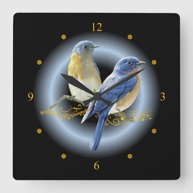 Blue & Straw Birds ~  Gold Musical Scroll ~ * ~ Square Wall Clock (Front)