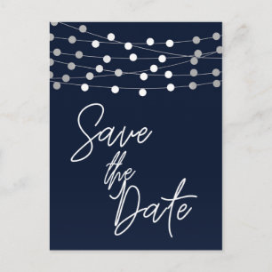 Blue String Lights Modern Script Save the Date Announcement Postcard