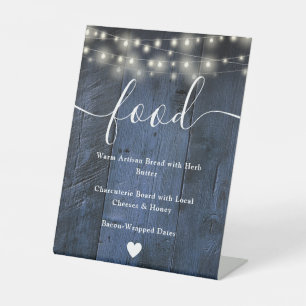 Blue String Lights Rustic Boho Barn Wood Food Menu Pedestal Sign