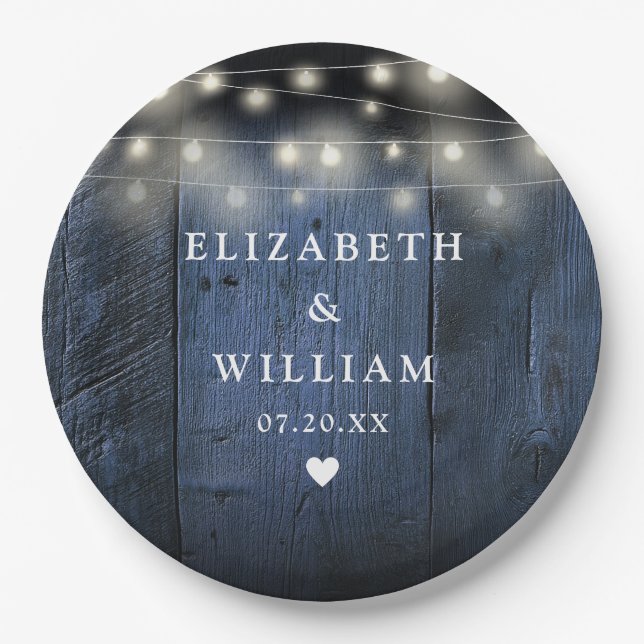 Blue String Lights Rustic Wood Boho Barn Wedding Paper Plate (Front)