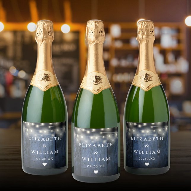 Blue String Lights Rustic Wood Boho Barn Wedding Sparkling Wine Label (Blue String Lights Rustic Wood Boho Barn Wedding Sparkling Wine Label)