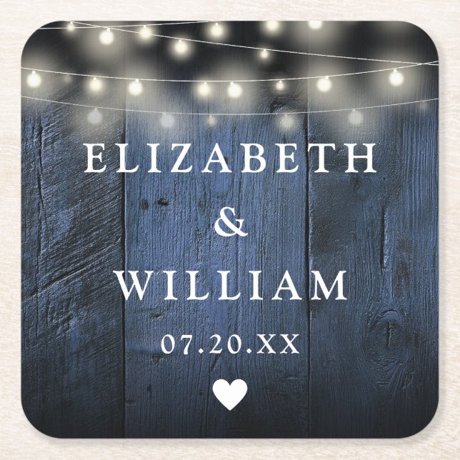 Blue String Lights Rustic Wood Boho Barn Wedding Square Paper Coaster (Front)