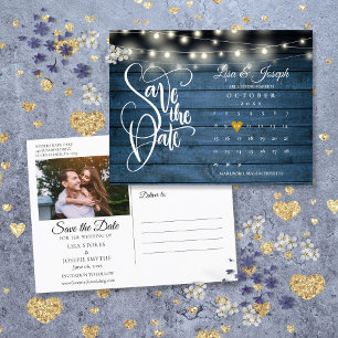 Blue String Lights Save the Date Calendar Photo Announcement Postcard