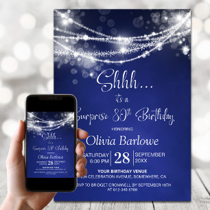 Blue String Lights Surprise 80th Birthday Party Invitation