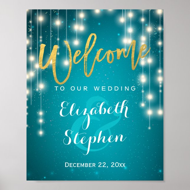 Blue String Lights Welcome Wedding Reception Sign (Front)