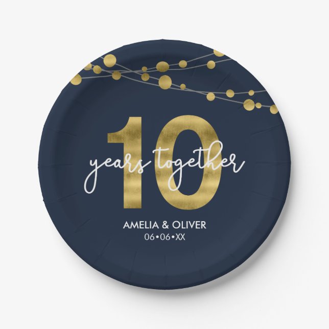 Blue Strings of Lights 10th Anniversary Party Paper Plate (Front)