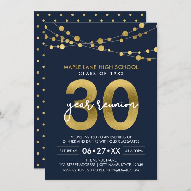 Blue Strings of Lights 30 Year Class Reunion Invitation (Front/Back)