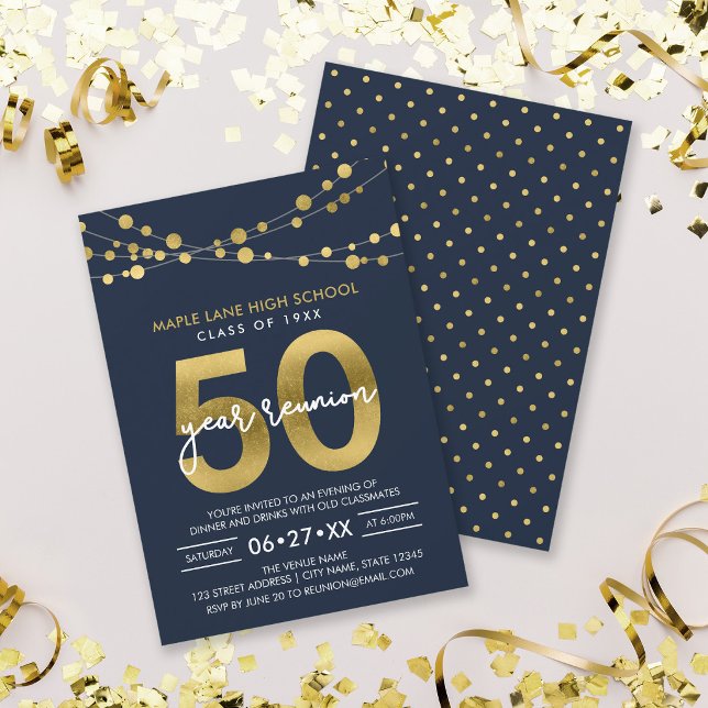 Blue Strings of Lights 50 Year Class Reunion Invitation (Creator Uploaded)