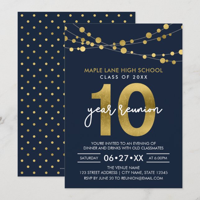 Blue Strings of Lights Ten Year Class Reunion Invitation (Front/Back)