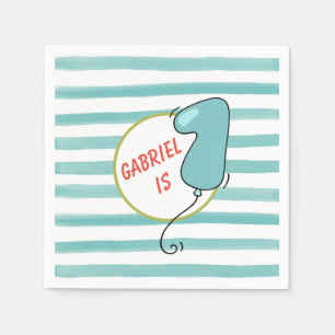 Blue Stripe 1st Birthday Balloon Themed Napkin