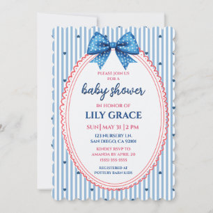 Blue Stripe and Bow Baby Shower Invitation