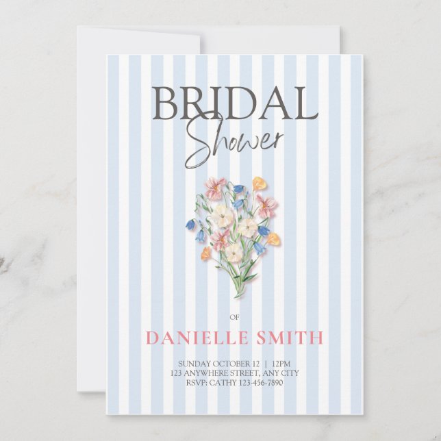 Blue Stripe and Floral Bridal Shower Invitation (Front)