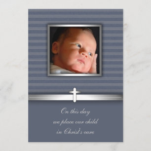 Blue Stripe Baby Boy Photo Christening Invitation