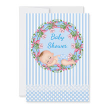 Blue Stripe Baby Shower Invitation with Sleeping