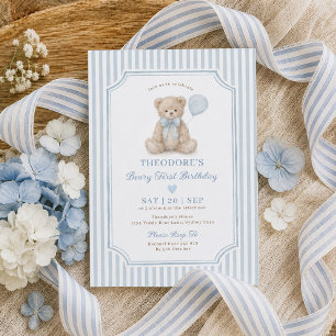 Blue Stripe Beary First Birthday Teddy Bear Party Invitation
