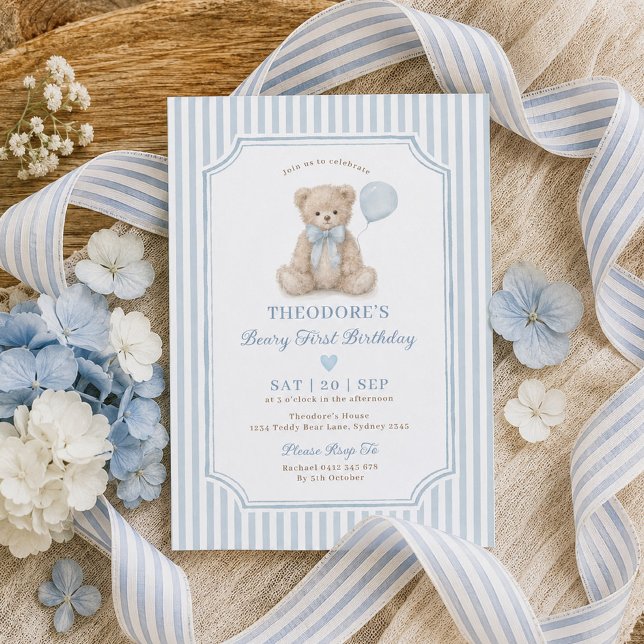 Blue Stripe Beary First Birthday Teddy Bear Party Invitation (Creator Uploaded)