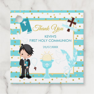 Blue Stripe Black Hair Boy First Holy Communion Favour Tags