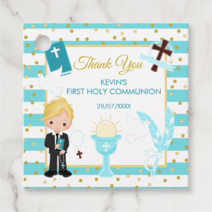 Blue Stripe Blonde Boy First Holy Communion Favour Tags