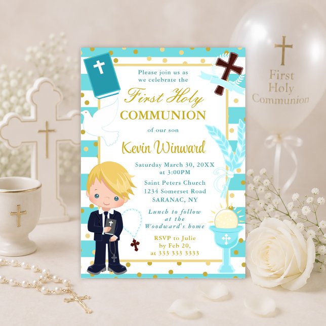 Blue Stripe Blonde Haired Boy First Holy Communion Invitation (Creator Uploaded)
