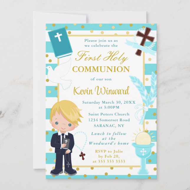 Blue Stripe Blonde Haired Boy First Holy Communion Invitation (Front)