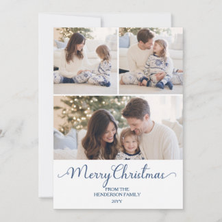 Blue Stripe Bow Family 3 Photo Christmas Holiday Card
