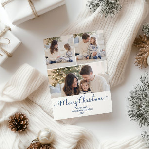 Blue Stripe Bow Family 3 Photo Christmas Holiday Card