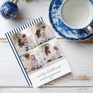 Blue Stripe Bow Family 4 Photo Christmas Holiday Card