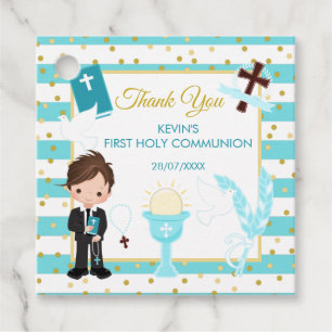 Blue Stripe Brunette Boy First Holy Communion Favour Tags