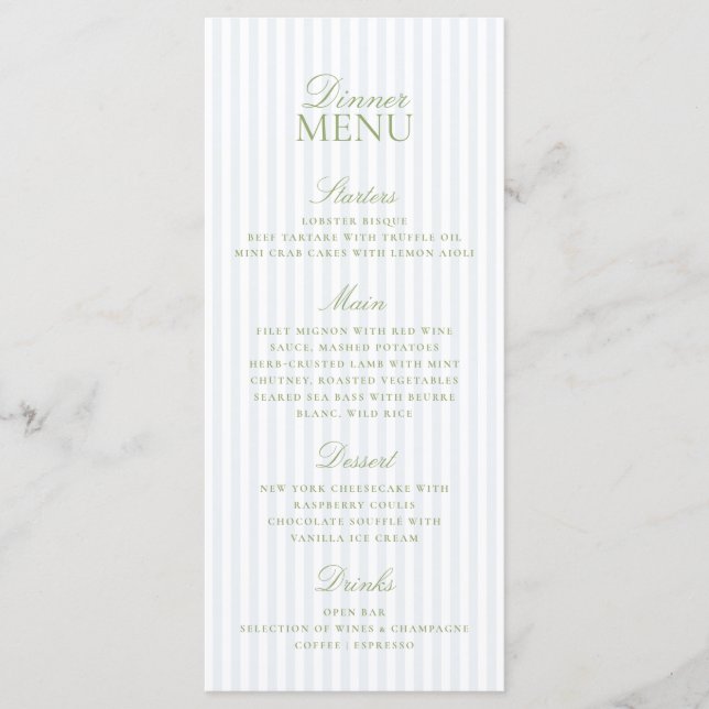 Blue Stripe Citrus Green Elegant Script Wedding  Menu (Front)