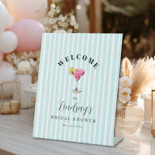 Blue Stripe Cocktail Bridal Shower Party Pedestal Sign