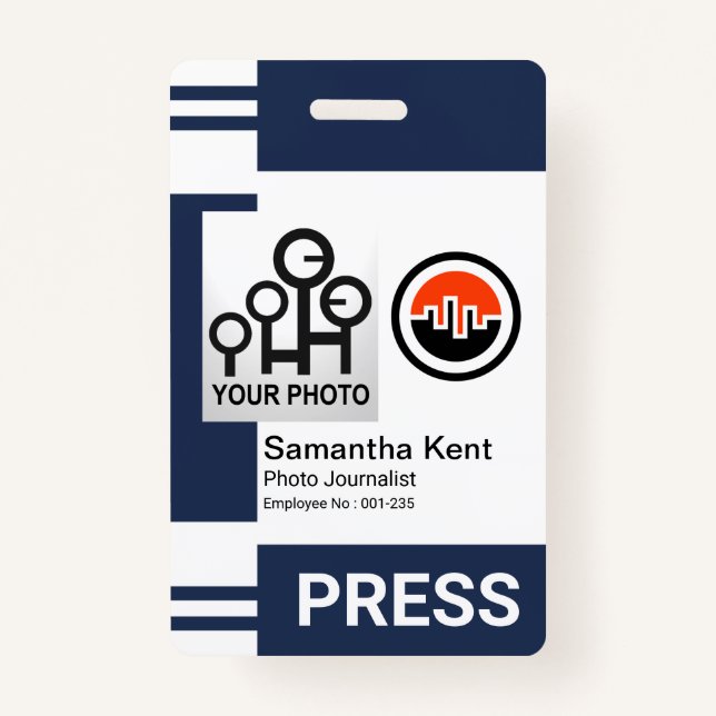 Blue Stripe Columns Photo Frame Template Press ID ID Badge (Front)