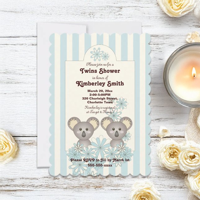 Blue Stripe Cute Koala Twin Boy Baby Shower Invitation (Creator Uploaded)