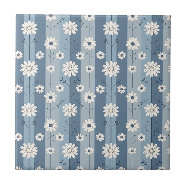 Blue Stripe Daisy Vintage Floral Pattern Tile (Front)