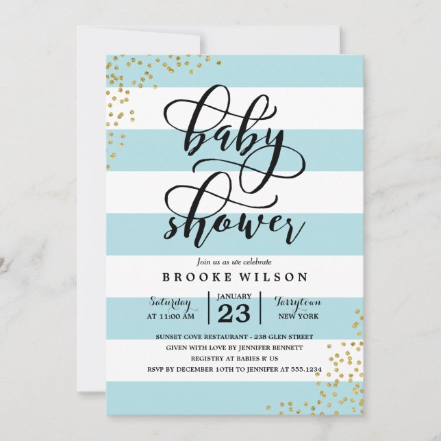 Blue Stripe Glitter Dots Baby Shower Invitation (Front)