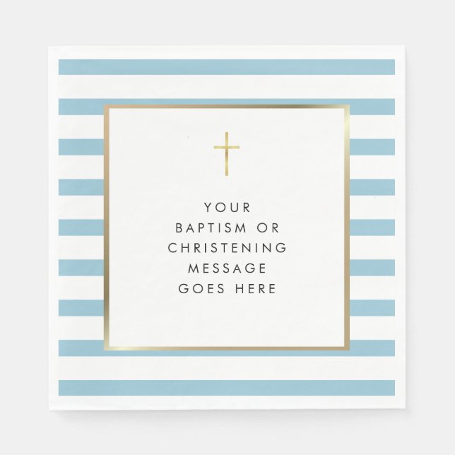 Blue Stripe Gold Cross Baptism Christening Message Napkin (Front)