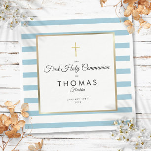 Blue Stripe Gold Cross First Holy Communion Napkin