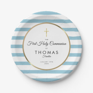 Blue Stripe Gold Cross First Holy Communion Paper Plate
