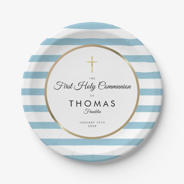 Blue Stripe Gold Cross First Holy Communion Paper Plate (Front)