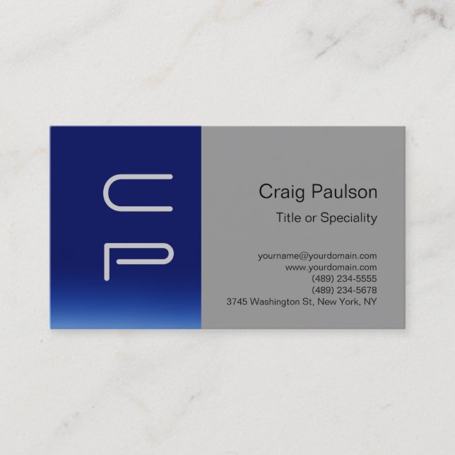 Blue Stripe Grey Monogram Modern Business Card (Front)