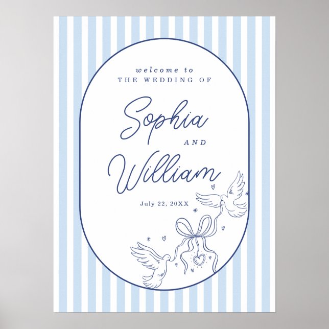 Blue Stripe Hand Drawn Wedding Welcome Sign (Front)