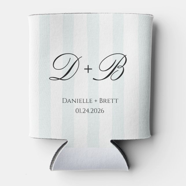 Blue Stripe Initial Monogram Wedding Favour  Can Cooler (Front)