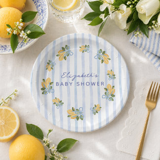 Blue Stripe Lemon Baby Shower Paper Plate