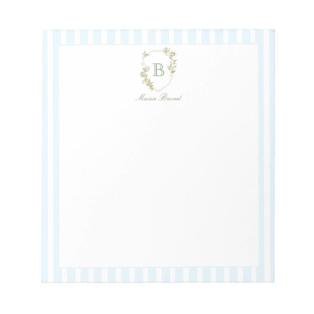 Blue Stripe Lemon Monogram Notepad (Front)