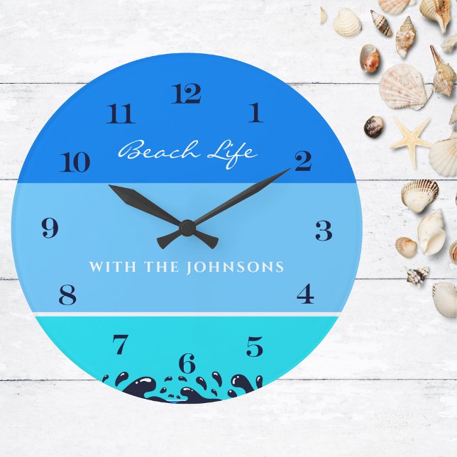  Blue Stripe Ocean Waves Family Name Beach House Large Clock (Creator Uploaded)