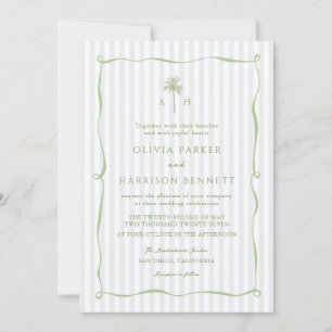 Blue Stripe Palm Tree Tropical Wedding Invitation