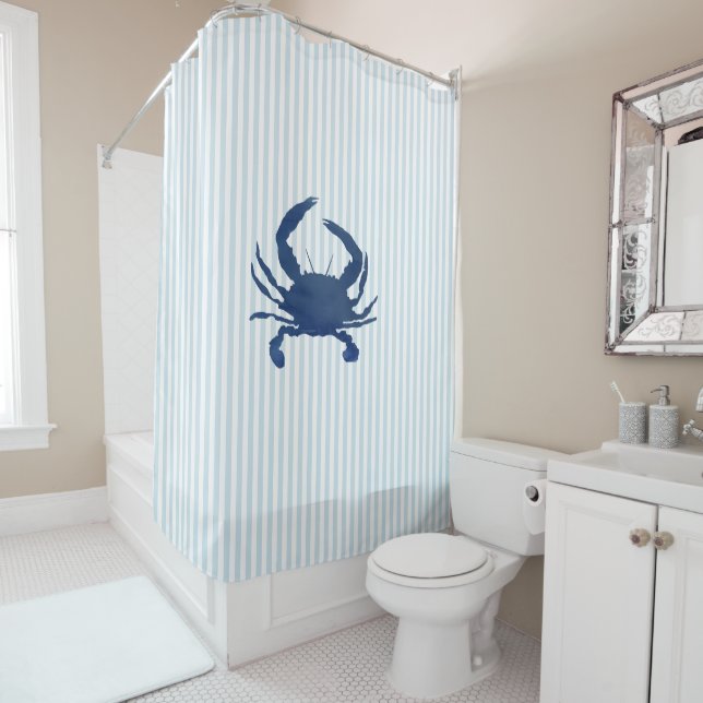 Blue Stripe Pattern Crab Coastal Shower Curtain (In Situ)