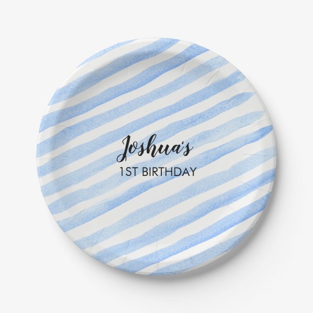 Blue stripe personalised party plates (Front)