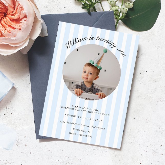 Blue Stripe Photo Birthday Invitation (Retro Blue Stripe First Birthday Photo Invitaiton)